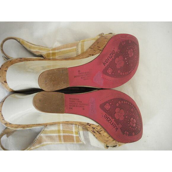 KENZIE IVORY & TAN PLAID COTTON SLINGBACK W PATENT LEATHER WEDGE HEEL SZ 6M - Picture 8 of 8